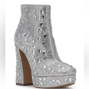 Jessica Simpson Women's Boot Silver Crystal Embellished Platform Chunky Heels